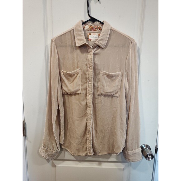 Women's Thread & Supply Velvet Long Sleeve Button Down Shirt Champagne Small - Picture 1 of 5